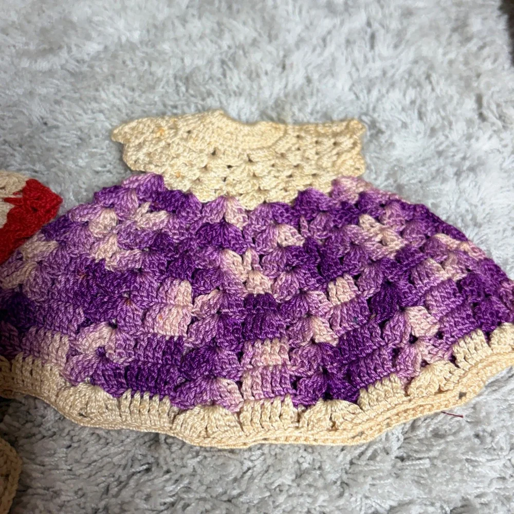 Lot of 2 Vintage Cotton Hand Crocheted Pot‎ Holder/ Dresses Red- Purple READ